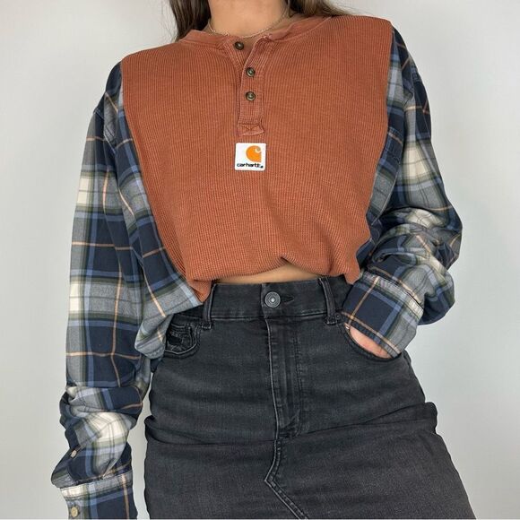 Carhartt Reworked Upcycled Brown Henley Loose Fit Long Sleeve Flannel Shirt Top - Picture 2 of 3